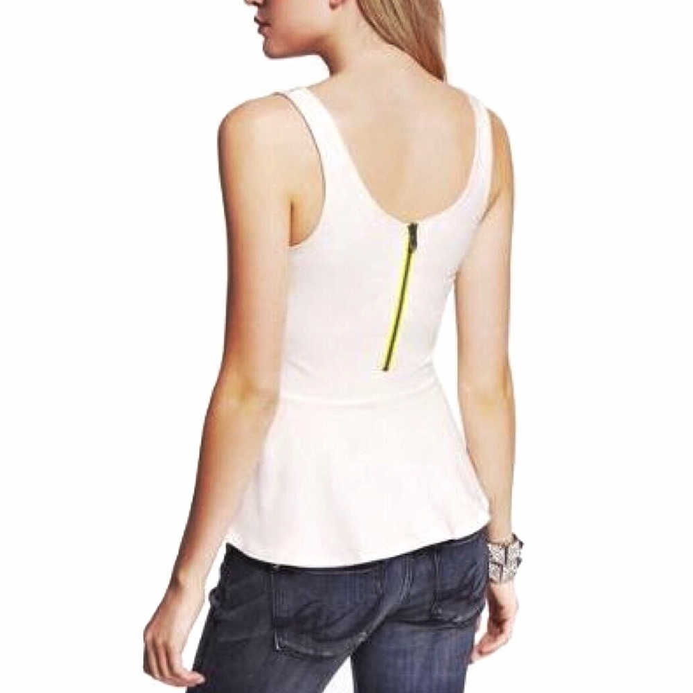 Express Off White Peplum Sleeveless Top w/ Neon Zip Back